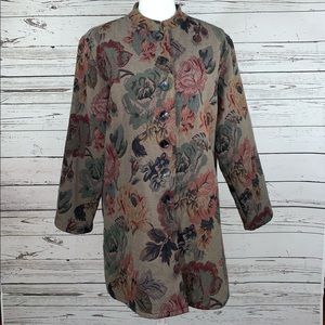 Chico's Floral Tapestry Button-Front Jacket in Taupe with Rose & Sage Accents